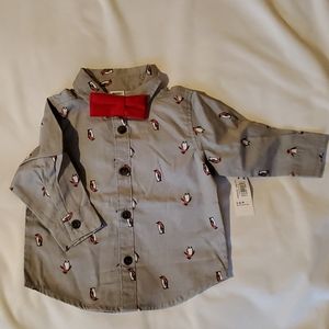 Old Navy grey with penguins and red bow tie shirt